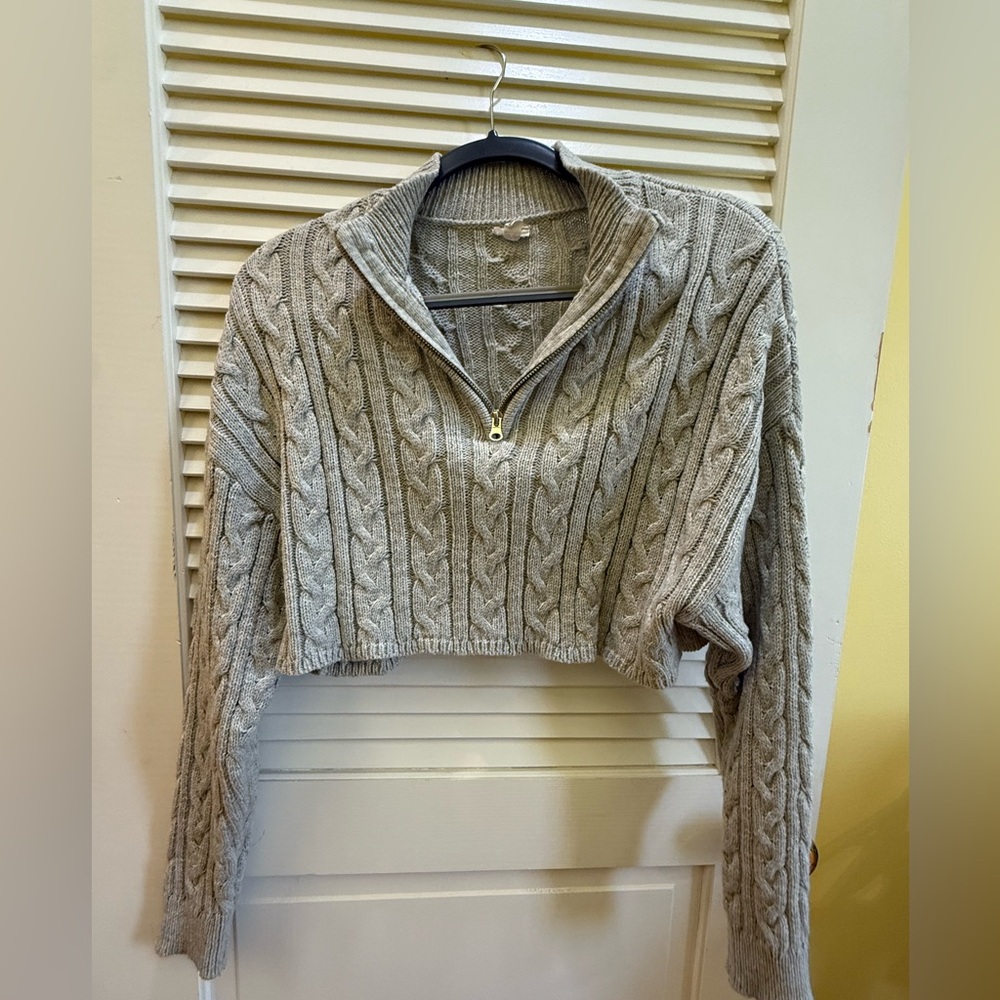 Garage Cropped Cable-Knit Half-Zip Sweater - Light Gray | Size XS